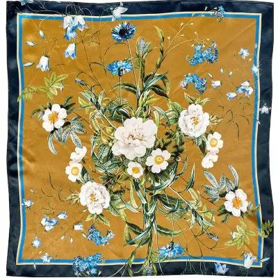 Jim Lyngvild - Silketørklæde 90x90 cm Blue Flower Garden - Guld - Jim Lyngvild